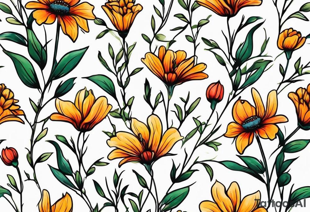 simple long stem wildflower bouquet tattoo idea