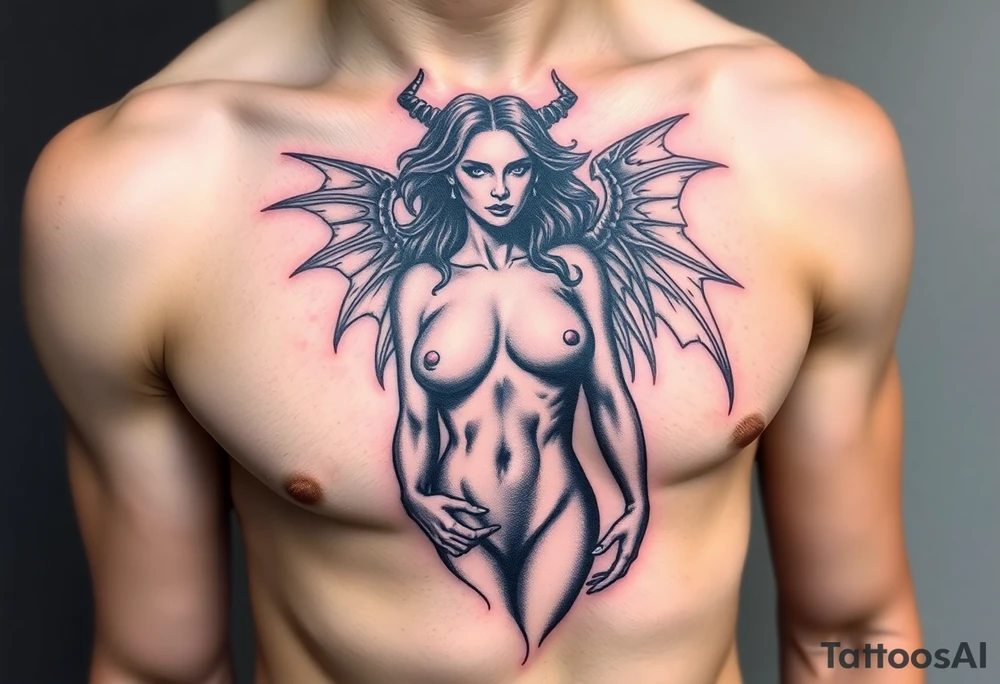beautiful naked woman Who is half a angel and half demon tattoo idea