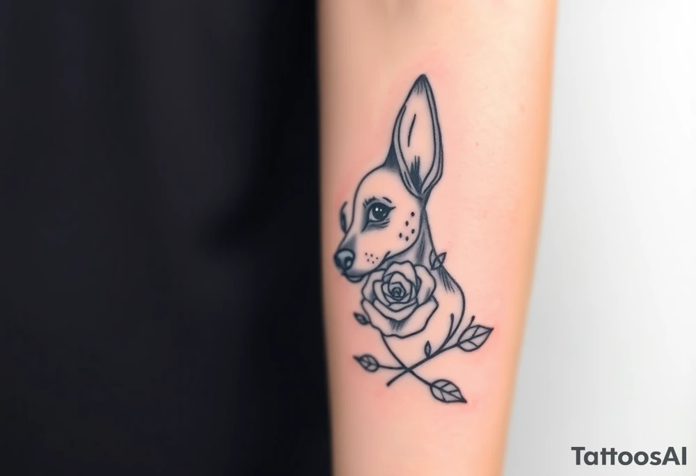 Cute female  hound dog mix Brindle dog with the name kiwi . And a tiny rose around her . With her ears pointy a little big tattoo idea