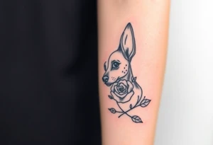 Cute female  hound dog mix Brindle dog with the name kiwi . And a tiny rose around her . With her ears pointy a little big tattoo idea
