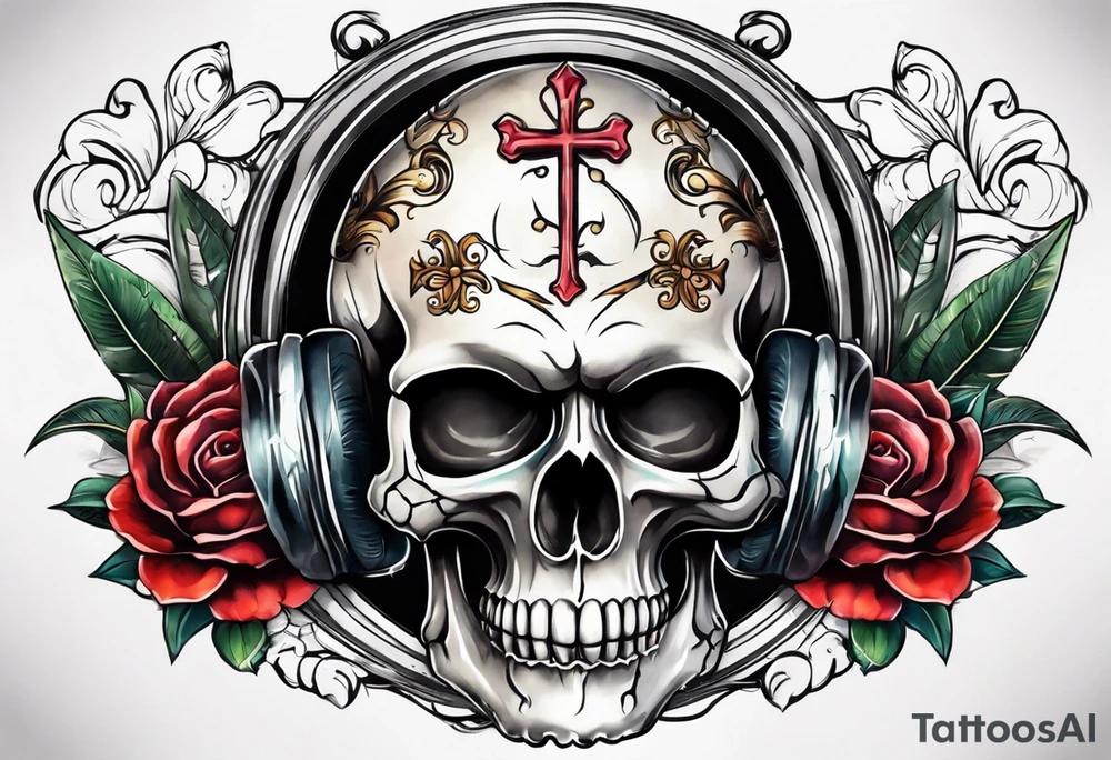 feminine skull and cross bones with two buns tattoo idea