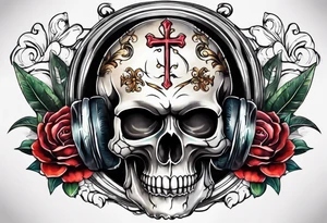 feminine skull and cross bones with two buns tattoo idea
