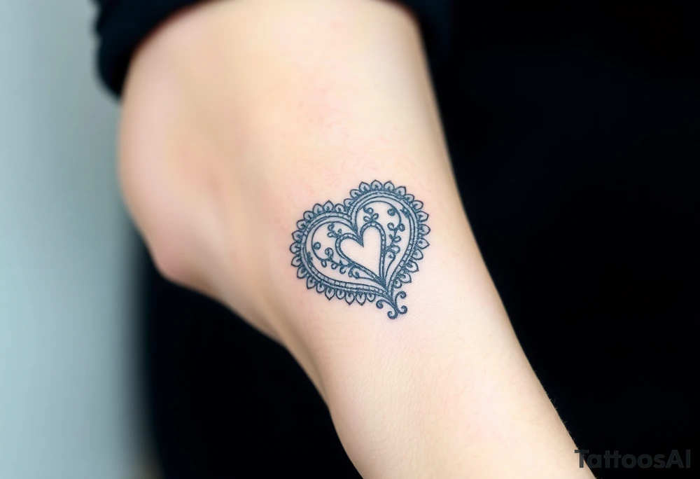 A heart-shaped lace pattern in black and silver, with a delicate filigree border tattoo idea