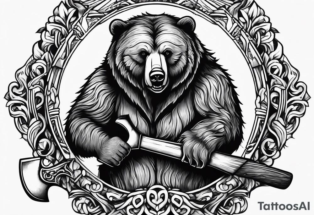 Half teddy bear and half grizzly bear holding a wood chopping ax tattoo idea