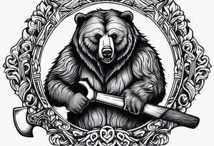 Half teddy bear and half grizzly bear holding a wood chopping ax tattoo idea
