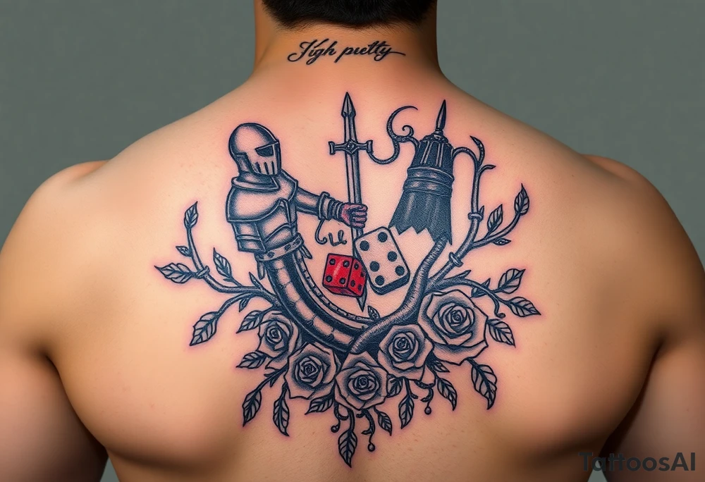 knight and squid intertwined with tree roots and roses rolling dice tattoo idea