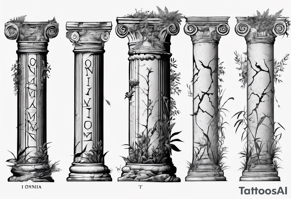 Ancient roman pillar in the Ionian style. It has cracks on it, and on the lower half some overgrown plants. The top part of the pillar has fallen off, to the right side of the pillar, and has the word "OMNIA" inscribed. tattoo idea