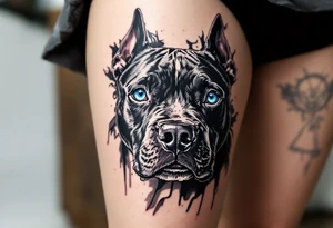 Black Ink Realism with Eye Color Pop – A fully black-and-gray realistic Staffordshire Bull Terrier with just the eyes in vivid blue or hazel, drawing focus. tattoo idea