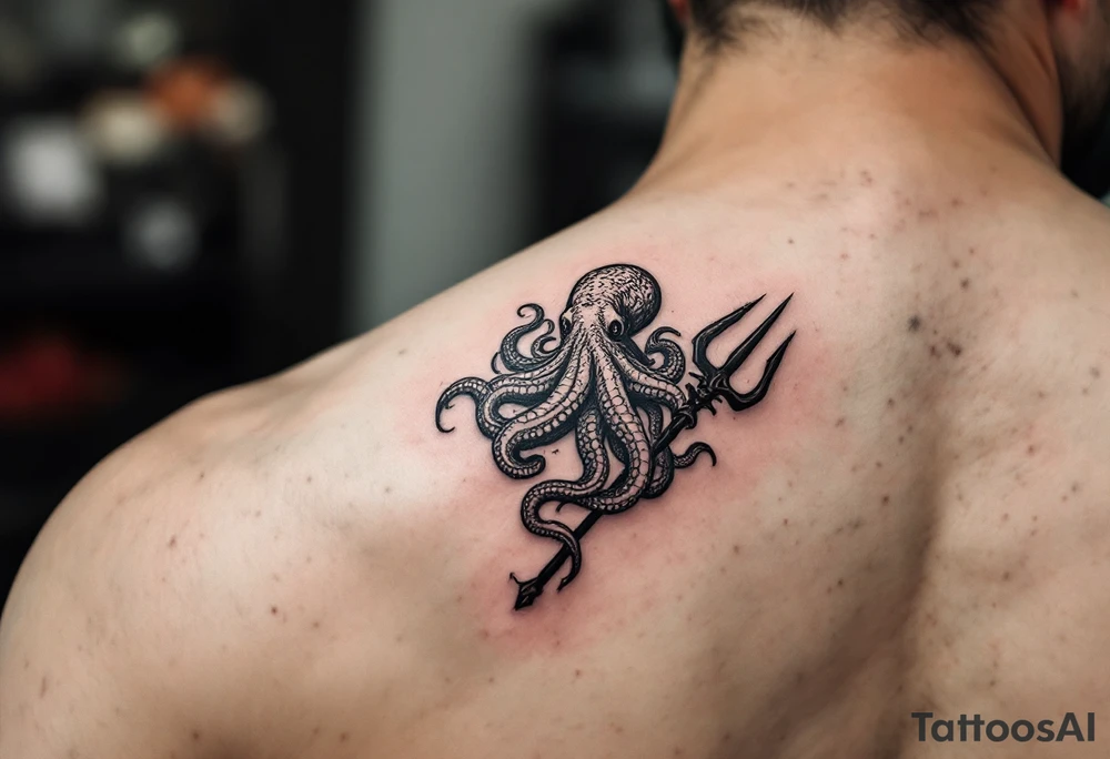 giant octopus around a trident tattoo idea