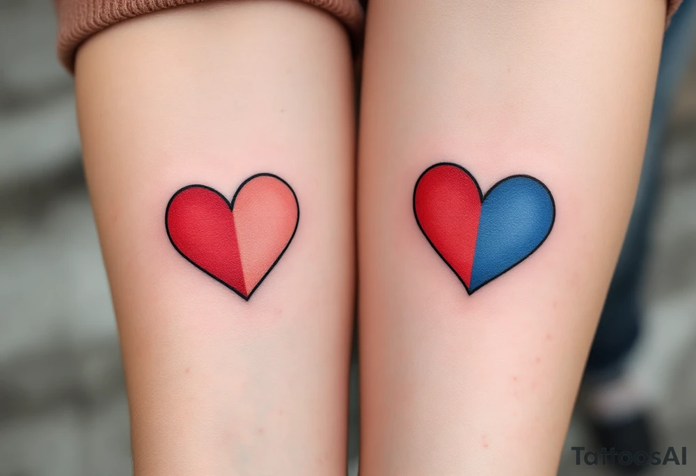 Matching black outline hearts filled with half red and half blue gradient, representing individuality and connection. tattoo idea