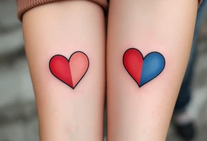Matching black outline hearts filled with half red and half blue gradient, representing individuality and connection. tattoo idea