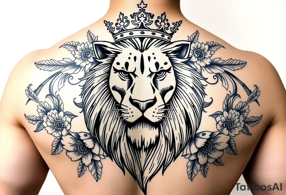 powerful majestic lion with a crown, surrounded by floral ornaments and birds tattoo idea