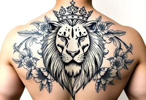 powerful majestic lion with a crown, surrounded by floral ornaments and birds tattoo idea