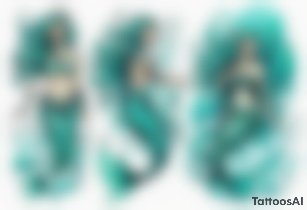 a turquoise mermaid standing in the sea surrounded by crashing waves tattoo idea