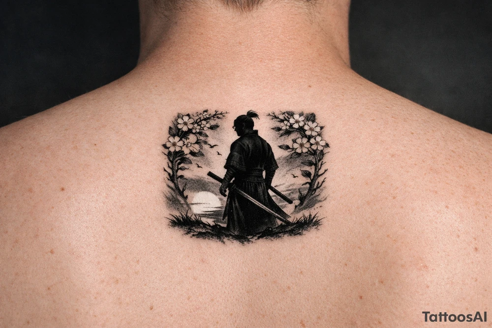 noble samurai warrior silhouette at sunset with cherry blossoms tattoo idea