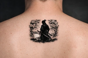 noble samurai warrior silhouette at sunset with cherry blossoms tattoo idea