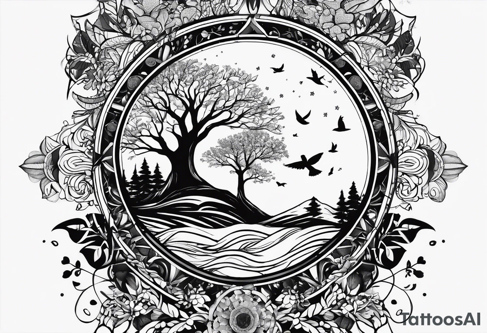 Create me a tattoo only in black with thin lines with a tree of life in the middle, a compass above with GPS coordinates, three little birds from the music "three little birds" by Bob Marley. tattoo idea