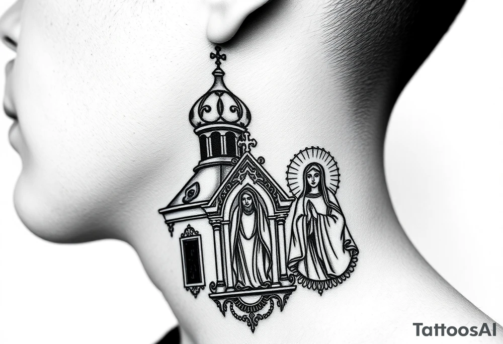 medium traditional russian orthodox church with russian coat arms and virgin mary on the side of your neck tattoo idea