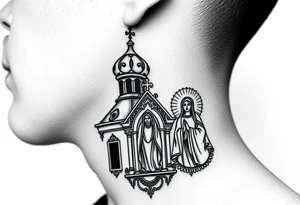 medium traditional russian orthodox church with russian coat arms and virgin mary on the side of your neck tattoo idea