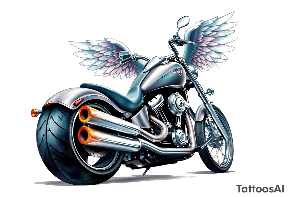 Low rider grey motorcycle, big muffler pipes with flames, angel wings, driving away, no person tattoo idea