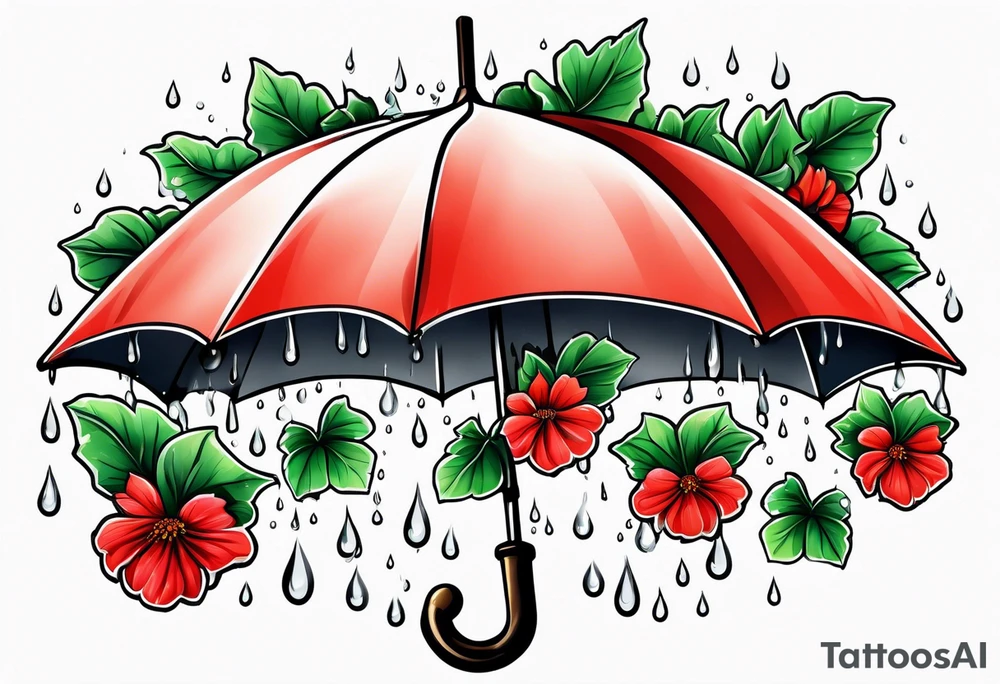 Upside down umbrella filled with geraniums rain droplets tattoo idea