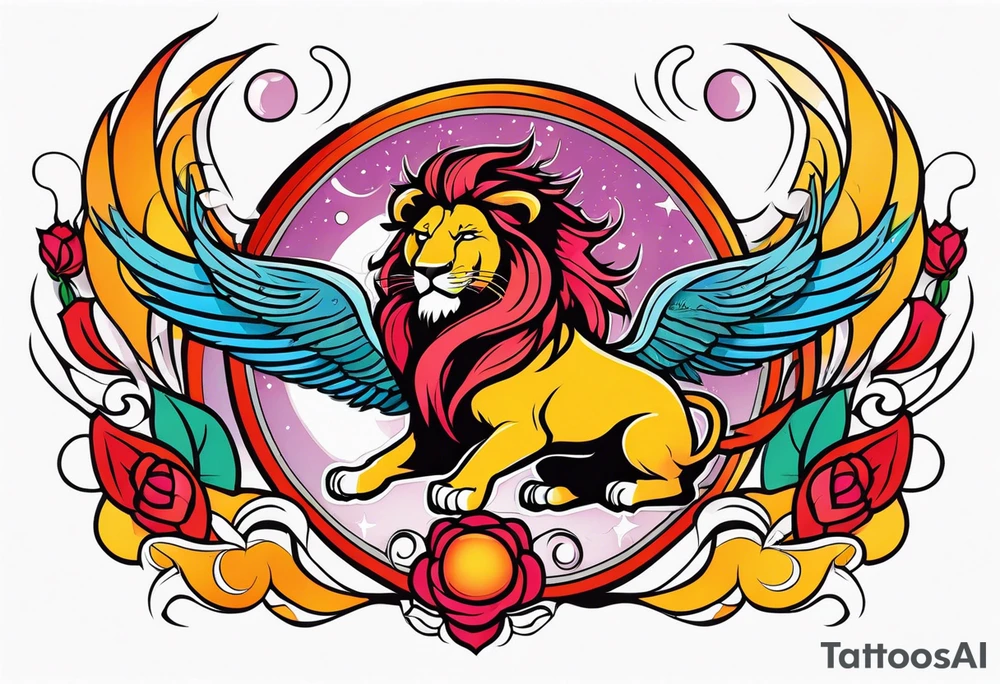 Lion phoenix rose moon tattoo idea