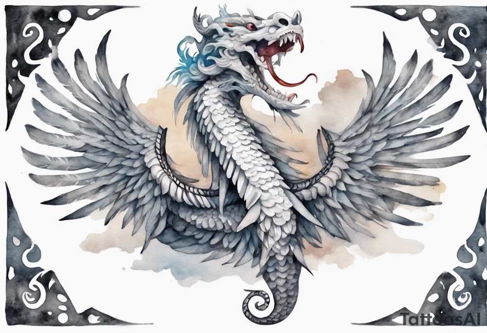 a solitary white feathered serpent wearing a grey crown tattoo idea