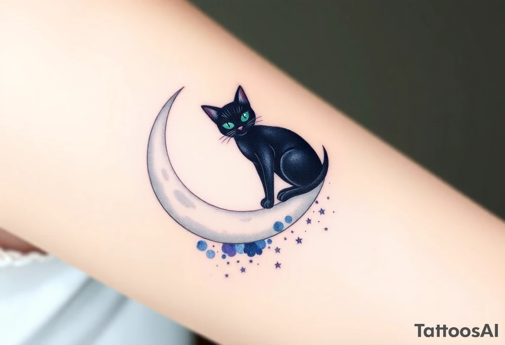 A sleek black cat sitting gracefully on a crescent moon, surrounded by a field of small, glowing stars. The cat's eyes are a bright emerald green, creating a striking contrast against its dark fur. The moon is a soft silver with a subtle gradient, transitioning from pale gray at the top to white at the bottom. Around the stars, there are gentle watercolor splashes in shades of midnight blue and deep purple, giving the design a dreamy, cosmic feel. The tattoo would have a mystical, enchanting vibe, symbolizing independence, intuition, and mystery. tattoo idea