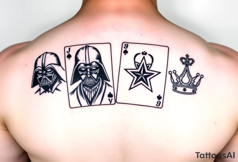 4 cards of a deck, Darth Vader, joker, army star, princess crown tattoo idea