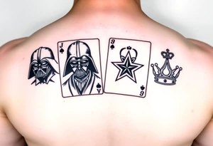 4 cards of a deck, Darth Vader, joker, army star, princess crown tattoo idea