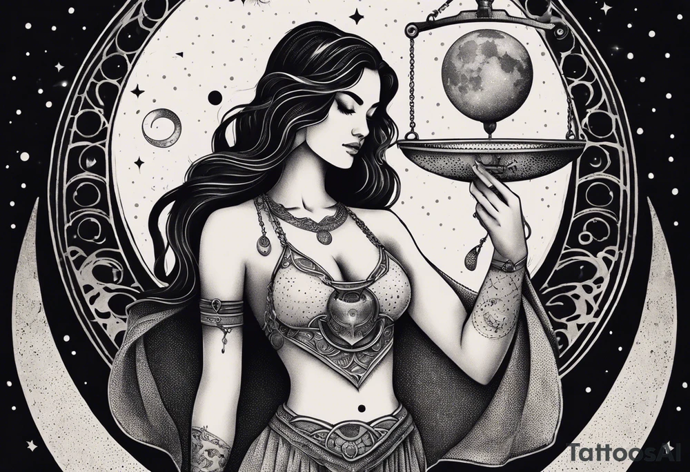Libra woman holding scales with a night zodiac background including a half moon that encircles half of the woman tattoo idea