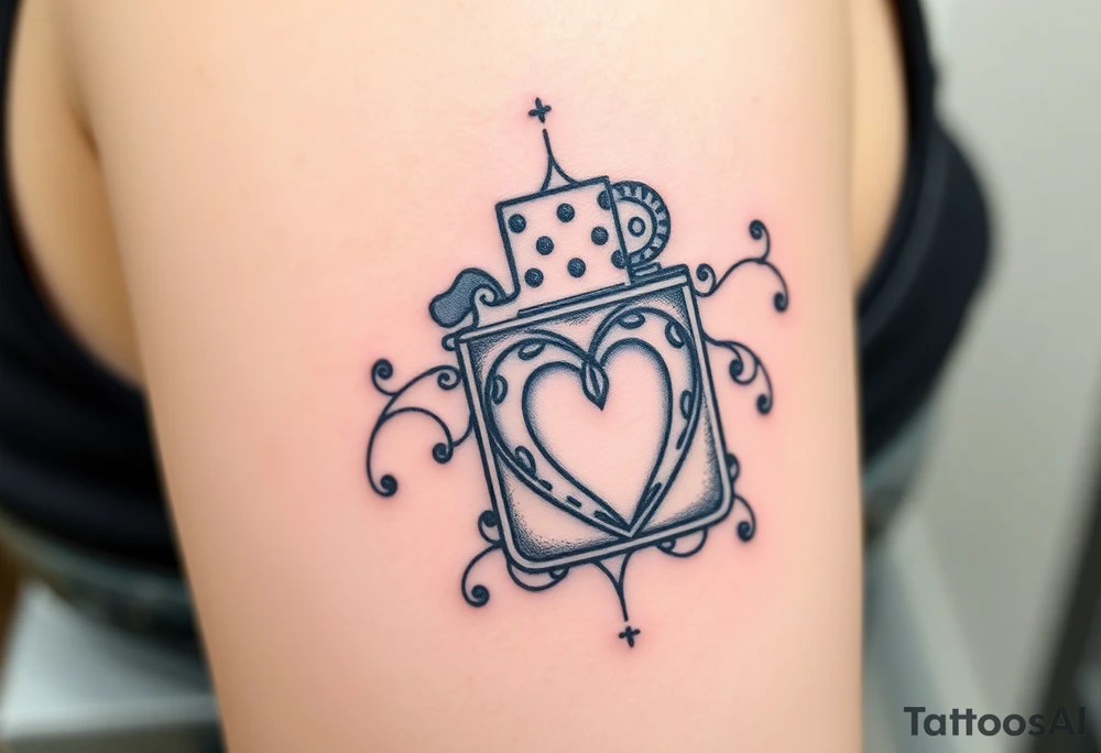 A traditional style tattoo design of a vintage zippo lighter with a traditional mom heart on the front tattoo idea