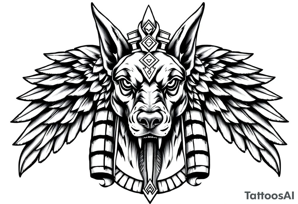 Egyptian Anubis god face muscle in Egypt style  with mantle on head

dog face surrounded Egyptian symbols based on elements tattoo idea