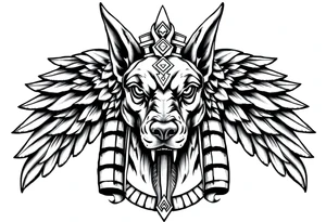 Egyptian Anubis god face muscle in Egypt style  with mantle on head

dog face surrounded Egyptian symbols based on elements tattoo idea