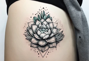 fine line. one big succulent in the middle. One smaller succulents on each side. Dots and floral
. Sternum tattoo grey scale shading tattoo idea