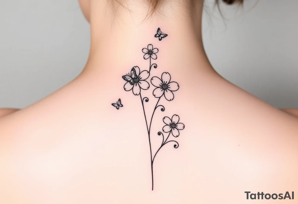 4 flowers vertical with small butterflies and swirls tattoo idea