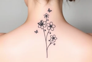 4 flowers vertical with small butterflies and swirls tattoo idea