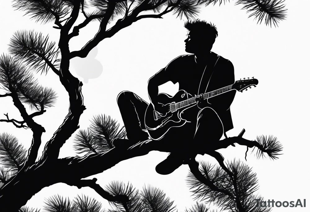silhouette of a man sitting on a pine tree branch, playing electric guitar tattoo idea