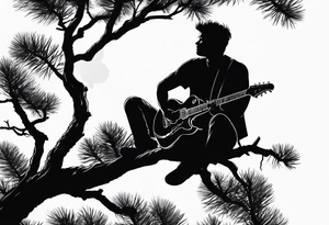 silhouette of a man sitting on a pine tree branch, playing electric guitar tattoo idea