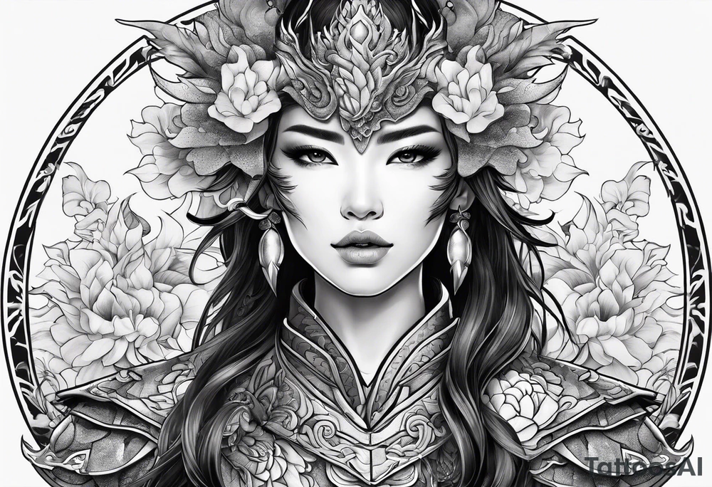 beautiful warrior woman wearing dragon armor and a floral background tattoo idea