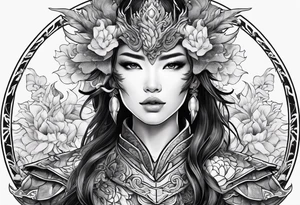 beautiful warrior woman wearing dragon armor and a floral background tattoo idea