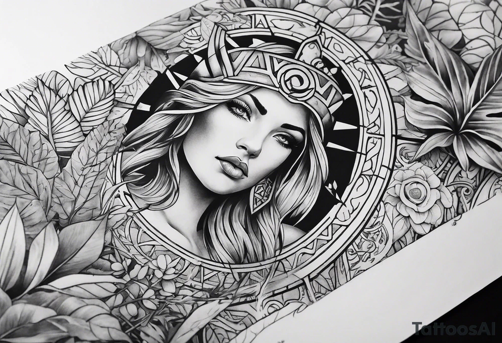 full arm sleeve tattoo with Viking compass and all-seeing eye surrounded by jungle plants tattoo idea