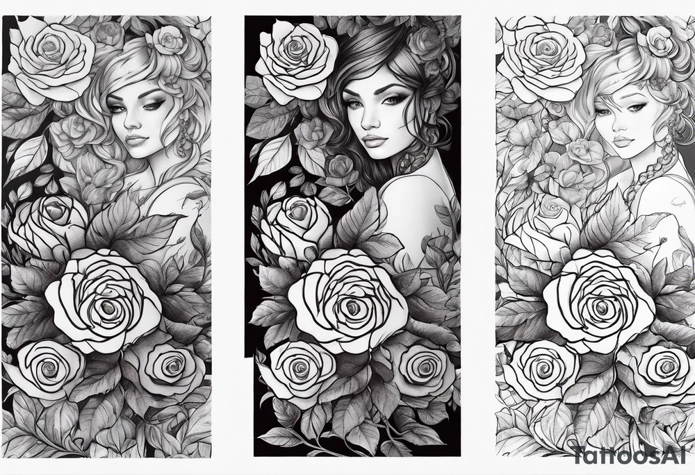 sleeve tattoo in fall colors with roses background swirls, leaves tattoo idea