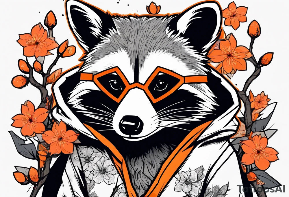 raccoon wearing a Superman hoodie with orange Japanese cherry blossoms tattoo idea