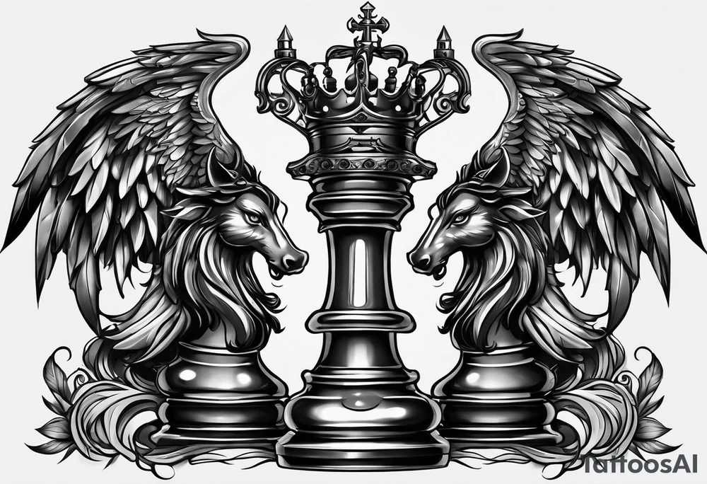 Illustrate an intricately balanced scale where one side represents the angelic forces, and the other represents the demonic forces. The chess pieces can sit on each side, symbolizing the equilibrium between good and evil. tattoo idea