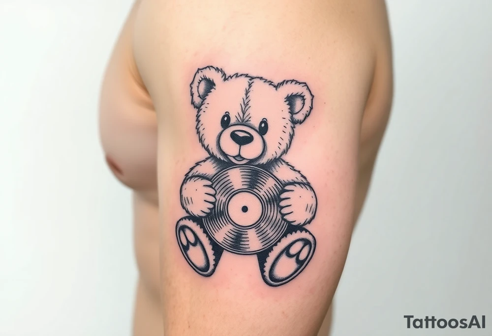 teddy bear holding a vinyl record tattoo idea