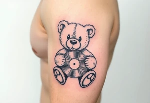 teddy bear holding a vinyl record tattoo idea