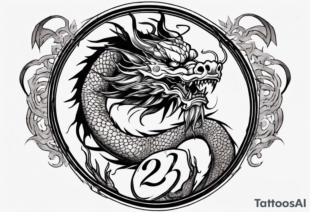 Chinese dragon in a circular shape with "02.03" written on its skin tattoo idea