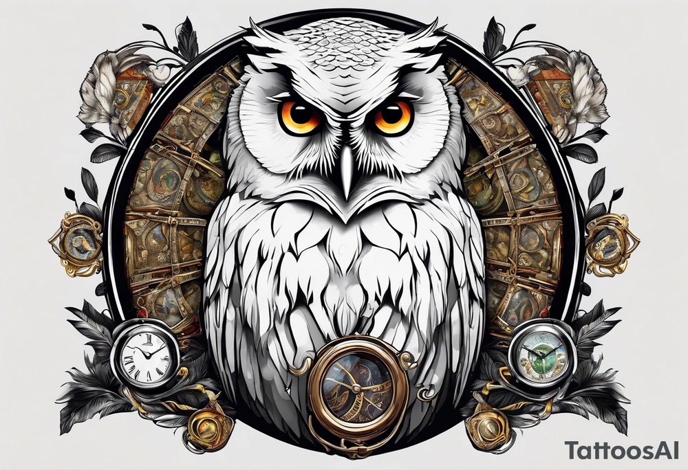 Elder want surrounded by Harry Potters glasses, an owl, the scar, a time-turner tattoo idea