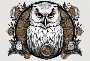 Elder want surrounded by Harry Potters glasses, an owl, the scar, a time-turner tattoo idea